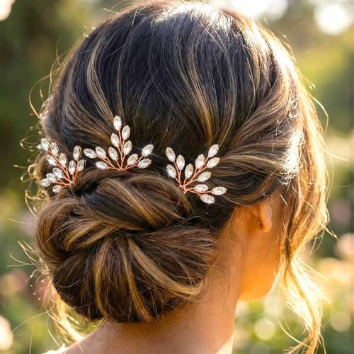 Heread Crystal Bride Wedding Hair Pins Rhinstones Bridal Hair Accessories Head Piece for Women and Girls (Pack of 3) - color: B Rose Gold