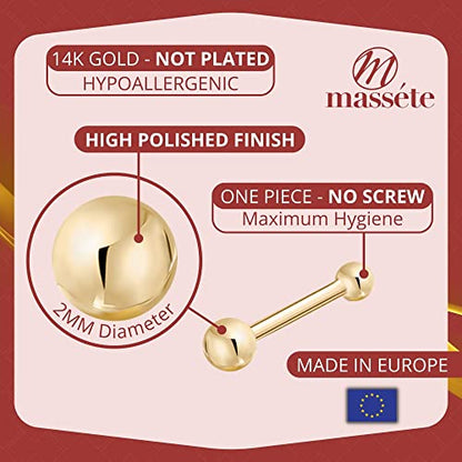 Massete 18k 14k Gold Nose Ring - 20g Nose Stud, Hypoallergenic Threadless Piercings for Women Men, Yellow White Rose Real Gold Standard or Long Nose Rings Studs, CZ or Ball Nose Piercing Jewelry - color: Simulated Diamond & Ball - 14k Yellow Gold - 2 Pack