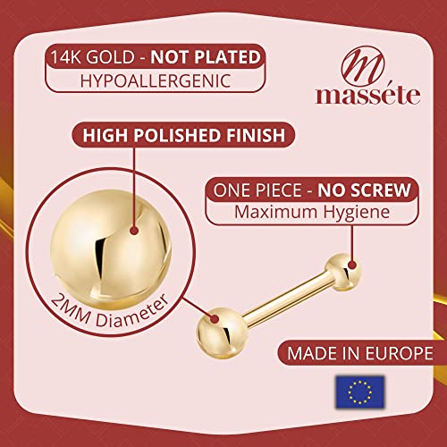 Massete 18k 14k Gold Nose Ring - 20g Nose Stud, Hypoallergenic Threadless Piercings for Women Men, Yellow White Rose Real Gold Standard or Long Nose Rings Studs, CZ or Ball Nose Piercing Jewelry - color: Simulated Diamond & Ball - 14k Yellow Gold - 2 Pack