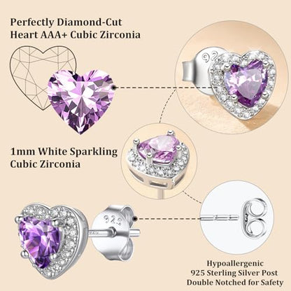 Bestyle 8mm Small Birthstone Earrings for Women with Hypoallergenic Sterling Silver Post,Sparkle Heart/Round Womens Studs Earrings, Great Birthday/Christmas/Anniversary Jewelry for Wife Mother - color: 06. June Alexandrite-Heart