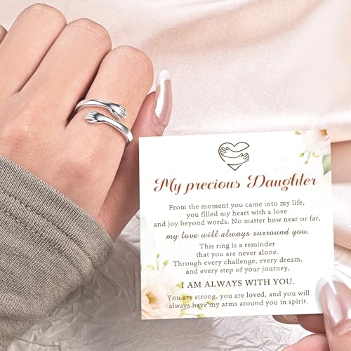 Sterling Silver Hug Ring for Women Teen Girls Adjustable Love Promise Ring Inspirational Open Rings Mothers Day Birthday Gift for Daughter Granddaughter Mom Wife Best Friend - color: Silver / Daughter Gift (Always with you)