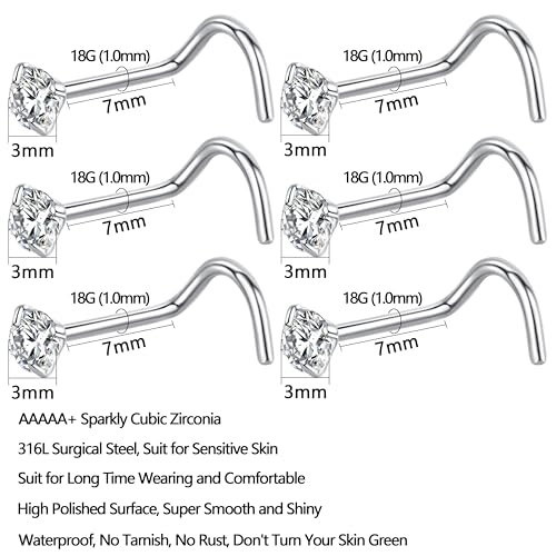 12Pcs Corkscrew Nose Studs L Shaped 18 20 Gauge Nose Piercings Nose Rings Studs Nostril Nose Piercing Jewelry Surgical Steel Nose Stud Nose Jewelry Real Nose Piercing Stud 18G 20G Screw Nose Rings Curved Nose Screw Studs for Women Men 2mm 2.5mm 3mm CZ Gol