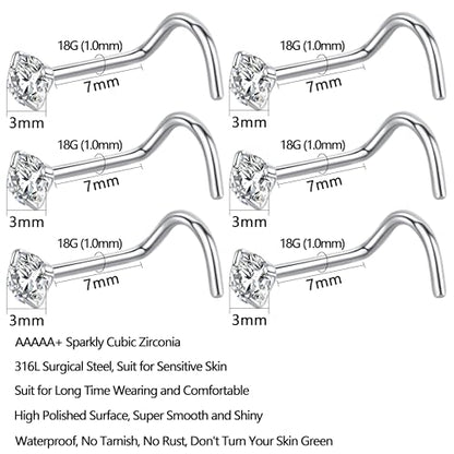 12Pcs Corkscrew Nose Studs L Shaped 18 20 Gauge Nose Piercings Nose Rings Studs Nostril Nose Piercing Jewelry Surgical Steel Nose Stud Nose Jewelry Real Nose Piercing Stud 18G 20G Screw Nose Rings Curved Nose Screw Studs for Women Men 2mm 2.5mm 3mm CZ Gol