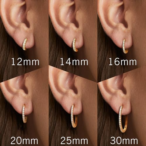 NEARLAND 14K Gold Hoop Earrings for Women 14K Gold Earrings for Women | Small Gold Hoop Earrings for Women Round Cubic Zirconia Lightweight Gold Huggie Hoop Earrings for Women 12/14/16/20/25/30mm - size: 12mm