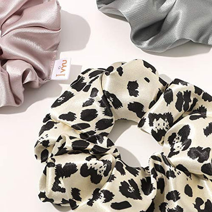 Silk Hair Ties for Girls and Women: Chic Satin Scrunchies, Large and Cheetah Print, Soft Ponytail Holders for Thick and Curly Hair - No Creases, Gentle on Hair - color: Leopard Black Pink Gray