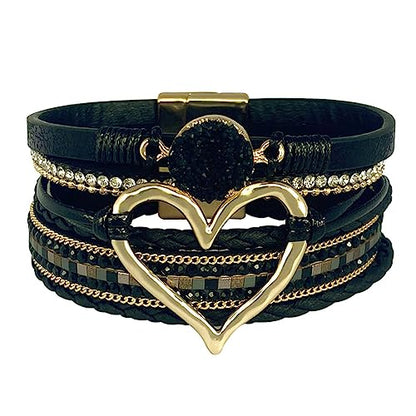 Womens Love Heart Leather Wrap Bracelet Multi-layer Stacked Bangle | Magnetic Clasp Soft PU Leather Resin Stone Rhinestone Boho Style Birthday Valentine Christmas Bohemian Jewelry Gift - color: Black