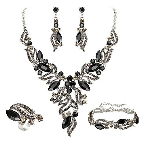 EVER FAITH Bridal Wedding Marquise Crystal Leaf Cluster Statement Y-Shaped Necklace Earrings Bracelet Ring Set for Prom - color: Black Silver-Tone