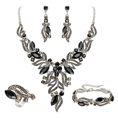 EVER FAITH Bridal Wedding Marquise Crystal Leaf Cluster Statement Y-Shaped Necklace Earrings Bracelet Ring Set for Prom - color: Black Silver-Tone