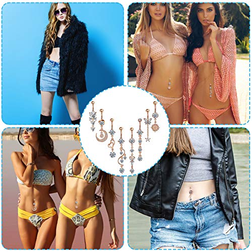 Hicarer 8 Pieces 14G Belly Button Rings Steel Long Dangle Navel Ring CZ Body Piercing Jewelry - color: Rose Gold