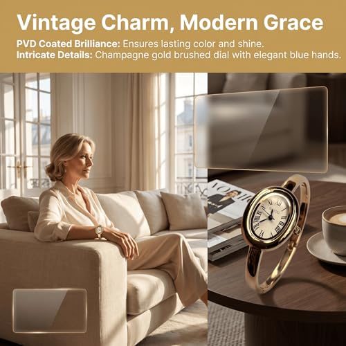 Women's Oval Bangle Watch, Elegant Open-Cuff Bracelet Wrist Watch with Roman Numeral Dial, Minimalist Luxury Fashion Quartz Watch for Ladies - color: Gold/Cream