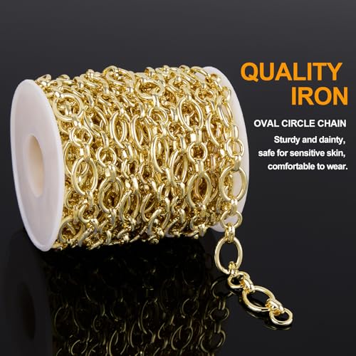 KYUNHOO 5 Meters Light Gold Chain for Jewelry Making Oval Links Chains | Gold Plated Iron Chains for Crafts Necklace Making Jewelry Supplies - color: Oval Circle Gold