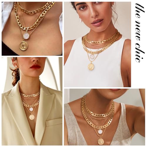MJartoria Layered Necklaces for Women Trendy Retro Mother of Pearl Coin Letter Pendant Necklace Dainty Chunky Chain Choker Necklaces for Jewelry Birthday Gifts - style: A.