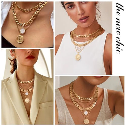 MJartoria Layered Necklaces for Women Trendy Retro Mother of Pearl Coin Letter Pendant Necklace Dainty Chunky Chain Choker Necklaces for Jewelry Birthday Gifts - style: A.