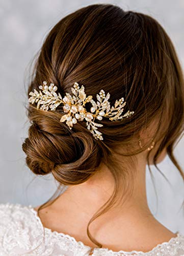 SWEETV Handmade Wedding Hair Comb Clip Rhinestone Bridal Hair Comb Piece, Gold Hair Accessories for Brides Wedding - color: 1.Gold