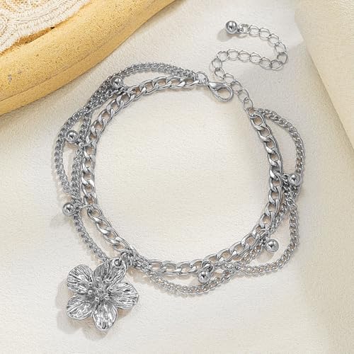 Flower Tassel Charm Anklet for Women Layered Boho Floral Ankle Chain Bracelet Adjustable Summer Beach Jewelry Foot Accessories - color: Silver