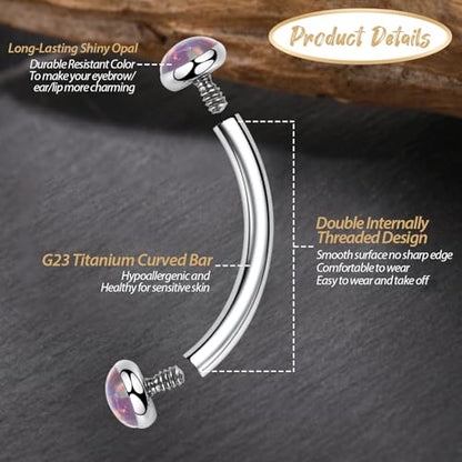 GAGABODY G23 Titanium Eyebrow Piercing Jewelry Curved Barbell Lip Ring | Internal Thread Used in Eyebrow,Belly,Rook 16 Gauge from 6mm to 12mm Lightweight Daily for Woman and Man Sensitive Skin - color: 1Pc-Disc Shape Silver+Purple Opal, size: 16G-6mm