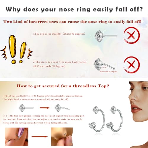 TOPBRIGHT 12PCS 316L Stainless Steel Horseshoe Nose Rings - 20G Threadless Push Pin Hoops with Double Cubic Zirconia for Women Men, Septum/Helix/Daith/Lip Piercing (7mm & 8mm)