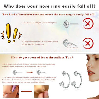 TOPBRIGHT 12PCS 316L Stainless Steel Horseshoe Nose Rings - 20G Threadless Push Pin Hoops with Double Cubic Zirconia for Women Men, Septum/Helix/Daith/Lip Piercing (7mm & 8mm)
