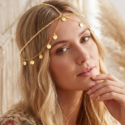 Yokawe Gold Sequins Head Chain Jewelry Bohemian Layered Festival Costume Headpieces Hair Accessories for Women