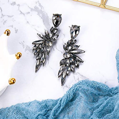 Women's Wedding Bridal Earrings Prom Dangle Earring | Shiny Crystal Teardrop Multi Marquise Cluster for Bride Bridesmaid Bling Jewelry Costume Party Accessories - color: 08-Grey Black-Tone