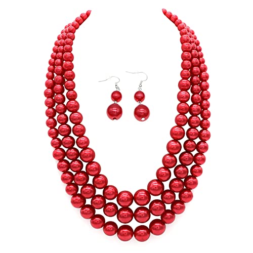 Chunky Layered Imitation Pearl Necklace for Women 3 strand Pearl Necklaces Faux Pearl Necklace Earrings Set 1920s Flapper Gatsby Costume Accessories - color: 3 strand pearl necklace Red