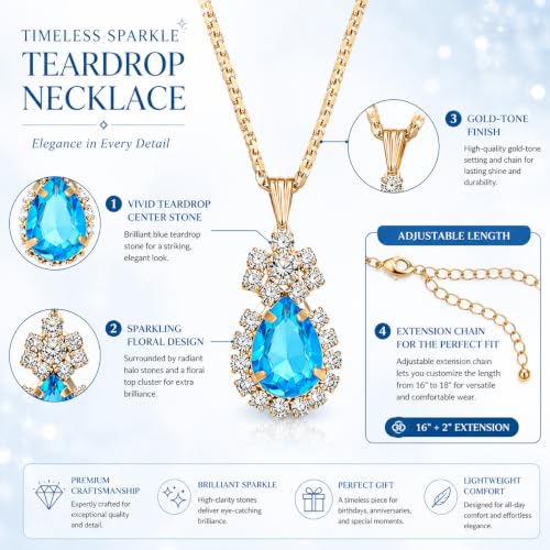Blue Crystal Jewelry Set for Women, Teardrop Pendant Necklace Earrings Ring Set with Rhinestones, Gold Tone Bridal Jewelry Gift for Party Wedding