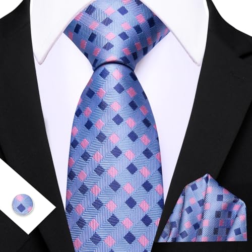 YOHOWA Men Plaid/Striped Ties Clip Set Silk Necktie Pocket Square Cufflinks | Woven Classic,Formal/Casual Mens Tie,Pocket Square Cufflinks Set,Luxury,Business,Wedding,Party,Prom,Graduation - color: Blue Pink