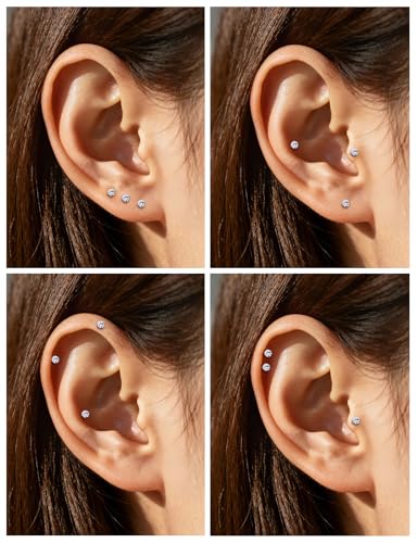 16G ASTM F136 Titanium Surgical Steel Internal Thread Flat Back Studs Earrings Lip Rings Labret Medusa Helix Tragus Cartilage Earring stud Piercing Jewelry for Women Men Silver Black Gold - style: 16g/2mm Clear cz/Titanium 8mm