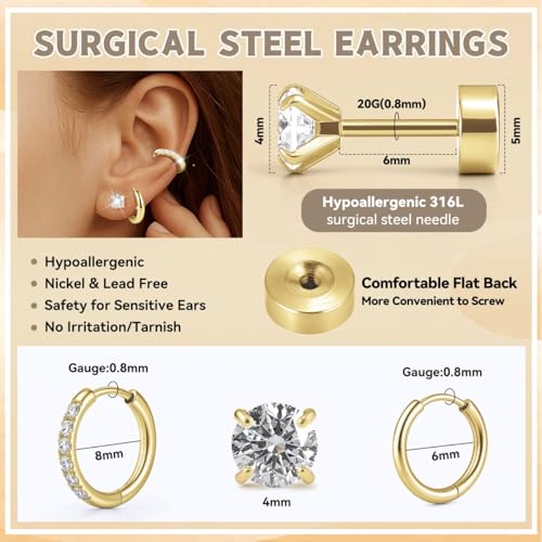 Silver/Gold Stud Hoop Earrings:Hypoallergenic Surgical Stainless Steel Small Cartilage Huggie Hoop Earrings Flat Back Earrings Screw Back and Flatback Stud Earrings for Women Multiple Piercing Sensitive Ears - style: Gold-(6mm+8mm)hoop earrings+4mm cz stu