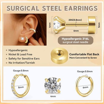 Silver/Gold Stud Hoop Earrings:Hypoallergenic Surgical Stainless Steel Small Cartilage Huggie Hoop Earrings Flat Back Earrings Screw Back and Flatback Stud Earrings for Women Multiple Piercing Sensitive Ears - style: Gold-(6mm+8mm)hoop earrings+4mm cz stu