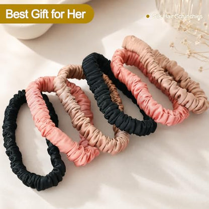 6Pcs Silk Hair Ties 100% Pure Mulberry Silk Scrunchies for Women Girls | No Hair Crease, Anti Frizz, Gentle Hold, No Damage, Black Brown Pink - color: Black&Brown&Pink