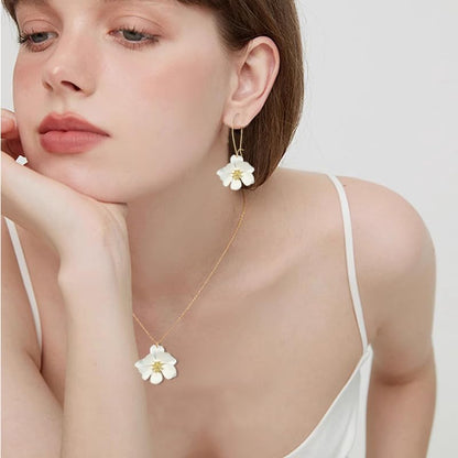 WCRAZYE Bohemian Daisy Flower Earrings Necklace Sets for Women Unique Trendy Boho Matte 3D Gold Flower Floral Petal Statement Earring Wedding Jewelry - color: White