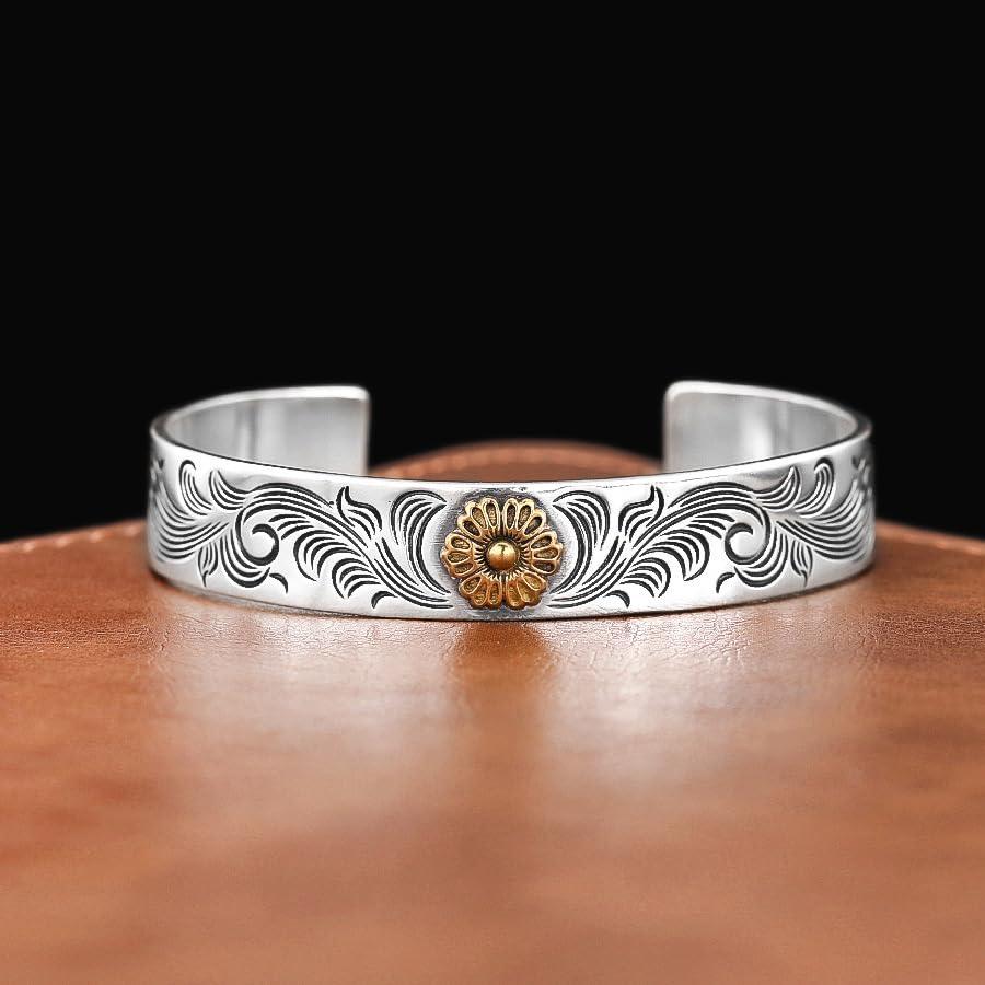 Innocence S925 Silver-Plated Antique Wide Feather Cuff Bracelet For Men Women Adjustable Retro Twisted Feathers Bracelets Gift Jewelry - color: Flower