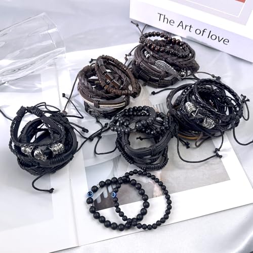 31Pcs Braided Leather Bracelets for Men Women Punk Wrap Wood Beads Bracelets Adjustable Hemp Cords Ethnic Tribal Handmade Wrap Wristband Punk Gothic Evil Eye Skull Skeleton Bracelet