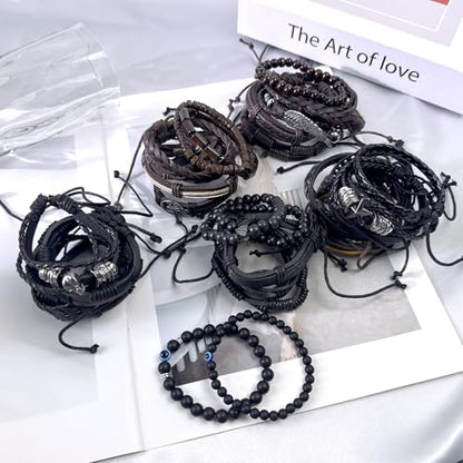 31Pcs Braided Leather Bracelets for Men Women Punk Wrap Wood Beads Bracelets Adjustable Hemp Cords Ethnic Tribal Handmade Wrap Wristband Punk Gothic Evil Eye Skull Skeleton Bracelet