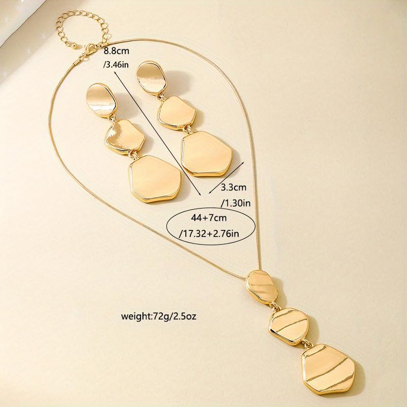 Statement Necklace and Earrings Set – 2PCS Gold Silver Chunky Geometric Pendant Jewelry with Snake Chain, Asymmetrical Ellipse Y-Necklace Metallic Fashion Jewelry for Women - color: B:Gold Angular Shape