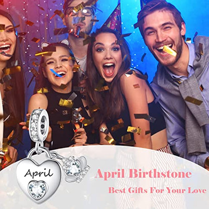 Birthstone Charms for Charms Bracelet: 925 Sterling Silver Heart Dangle Charms for Bracelets and Necklaces, Birthday Mother's Day Christmas Gifts For Women. - color: April