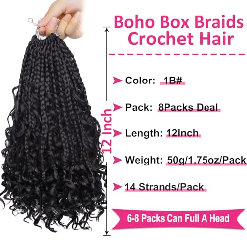 Unionbeauty 8 Packs Boho Box Braids Crochet Hair 12 Inch Goddess Box Braids Crochet Hair with Curly Ends Bohemian Hippie Box Braids Goddess Locs Synthetic Braiding Hair Extension for Black Woman 1B# - color: 1B#, size: 12 Inch (Pack of 8)