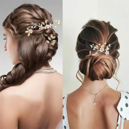 7 Pcs Gold Leaf Bridal Hair Pin Clip Crystal and Pearl Vintage Headpieces Wedding Hair Jewelry for Brides Bridesmaids and Flower Girls(Gold Leaf)
