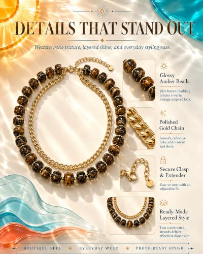 Chunky layered Beaded Necklaces for Women Boho Brown Resin Beads Choker Necklace Fashion Statement Summer Beach Jewelry Gift