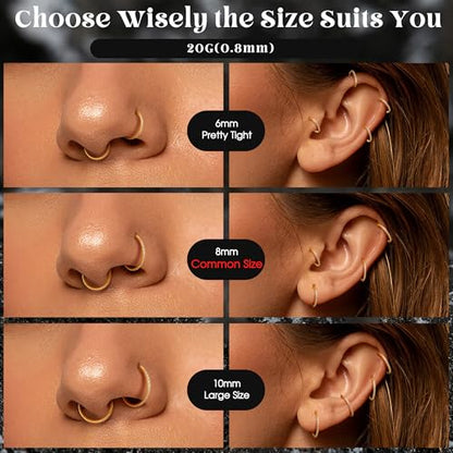 FASACCO 20G 18G 16G Cartilage Hoop Earring 316L Surgical Steel Silver Huggie Hoop Earrings Hypoallergenic Hinged Segment Rings Septum Nose Hoops Daith Conch Helix Tragus Piercing Jewelry 6mm/8mm/10mm - style: Gold-20G-6MM