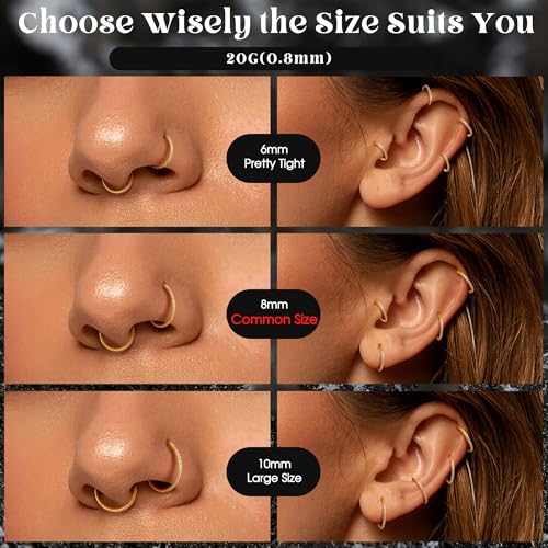 FASACCO 20G 18G 16G Cartilage Hoop Earring 316L Surgical Steel Silver Huggie Hoop Earrings Hypoallergenic Hinged Segment Rings Septum Nose Hoops Daith Conch Helix Tragus Piercing Jewelry 6mm/8mm/10mm - style: Gold-20G-8MM