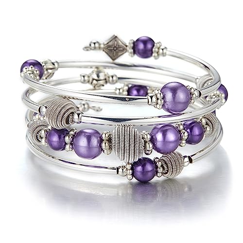 PEARL&CLUB Beaded Chakra Bangle Turquoise Bracelet - Fashion Jewelry Wrap Bracelet with Thick Silver Metal and Mala Beads, Birthday Gifts For Women - color: Purple pearl