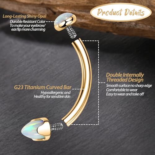 GAGABODY Titanium Eyebrow Jewelry - Curved Barbell & Labret Stud, 16g - Belly Button Ring & Cartilage Earring - Opal Bridge Jewelry - color: 1Pc-Arrow Shape Gold+White Opal