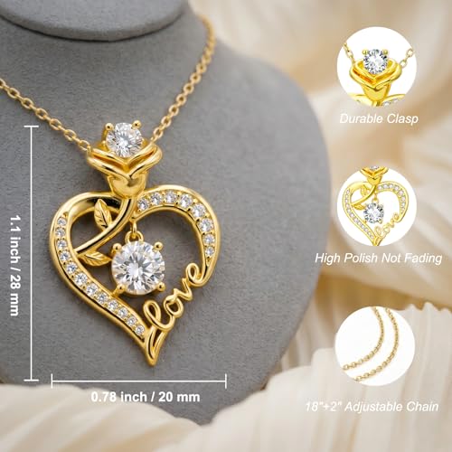 KQ&TTENG Heart Necklaces for Women 14K Gold Plating Hearts Necklace CZ Romantic Rose Pendant Mothers Day Anniversary Birthday Gift for Wife Mom Her - style: 15-Rose LOVE Necklace