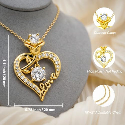 KQ&TTENG Heart Necklaces for Women 14K Gold Plating Hearts Necklace CZ Romantic Rose Pendant Mothers Day Anniversary Birthday Gift for Wife Mom Her - style: 15-Rose LOVE Necklace