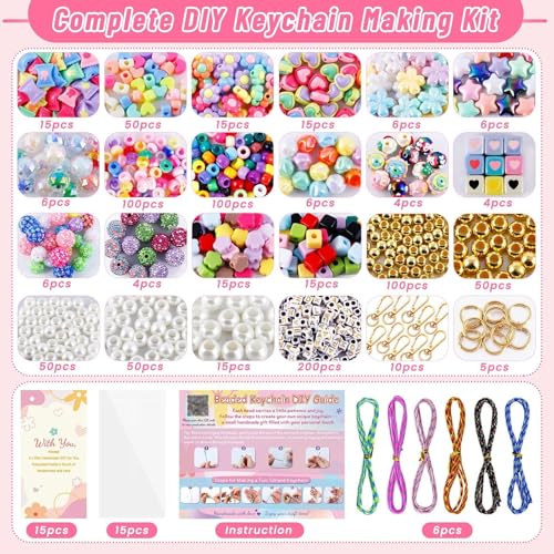 Wurosi Acrylic 865PCS Beaded Keychain Making Kit,DIY Bag Charm Kit | Includes Acrylic Heart Flower Alphabet Beads,Key Chain Supplies,Manual,Rope and Packaging Supplies for Jewerly Making Kit - color: 865 Pcs Colorful Bead Kit