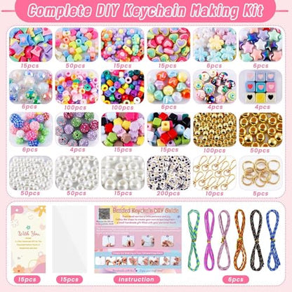 Wurosi Acrylic 865PCS Beaded Keychain Making Kit,DIY Bag Charm Kit | Includes Acrylic Heart Flower Alphabet Beads,Key Chain Supplies,Manual,Rope and Packaging Supplies for Jewerly Making Kit - color: 865 Pcs Colorful Bead Kit