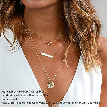 Turandoss Dainty Layered Choker Necklace, Handmade Y Pendant Necklace Multilayer Bar Disc Necklace Adjustable Layering Choker Necklaces for Women - style: "3PCS - Two Circles&Bar&Hammered Disc