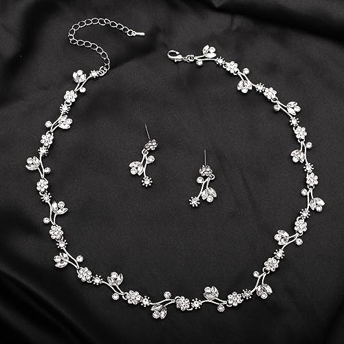 Elegant Brides Austrian Crystal Flower Choker Necklace Drop Dangle Earring Bracelet Wedding Jewelry Set for Bridesmaid Prom Costume Jewelry Set for Women - color: White-Platinum Plated